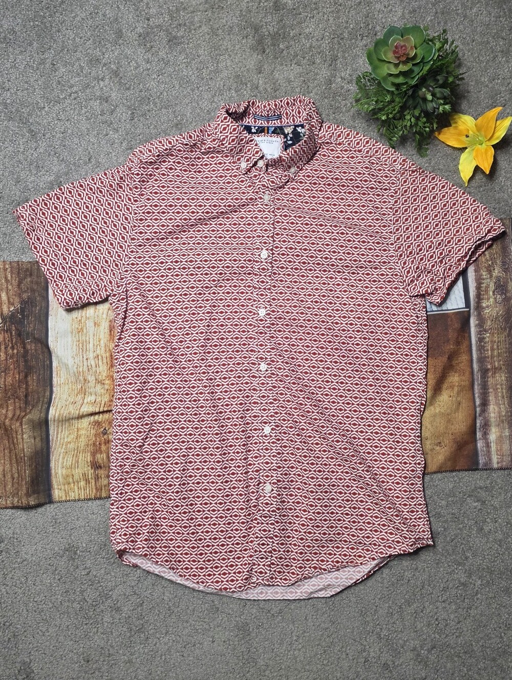 Denim & Flower Ricky Singh Geometric Pattern Button Up Short Sleeve Shirt Red S